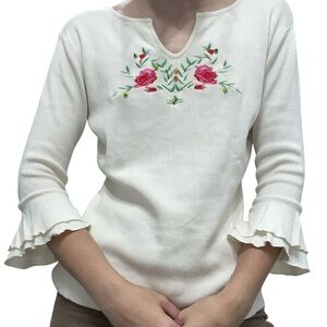 Joseph A Floral Embroidered Silk Blouse Beaded Ruffle Sleeve Women's M